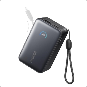 Anker Powerbank Nano 10K mAh, 45W max power, Built-In Retractable USB-C Cable, Black