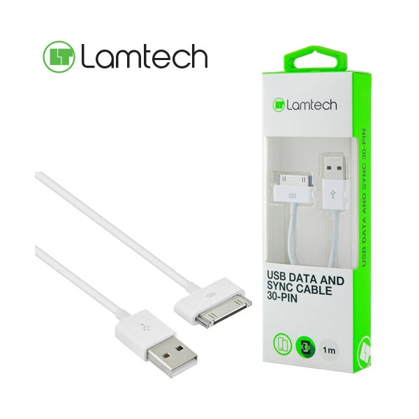 LAMTECH USB CABLE 30PIN FOR IPHONE 3G,3GS,4,4S,IPAD 1-3,IPODS 1m RETAIL PACK LAM050219