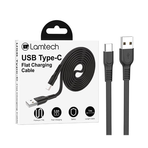 LAMTECH TYPE-C 3.0A FLAT CHARGING CABLE 1M BLACK LAM111801