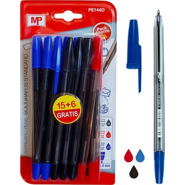 MP στυλό διαρκείας PE144O, 1mm, μπλε, μαύρο & κόκκινο, 21τμχ