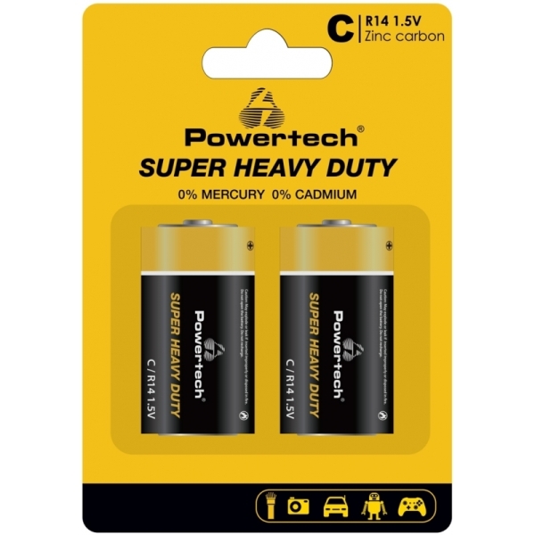POWERTECH μπαταρίες Zinc Carbon Super Heavy Duty PT-1221, R14 1.5V, 2τμχ