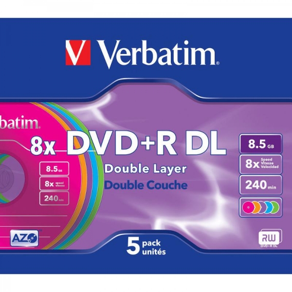 Verbatim 43682 DVD+R 8.5GB Double Layer Colour 8x 5 Pack Slim Case