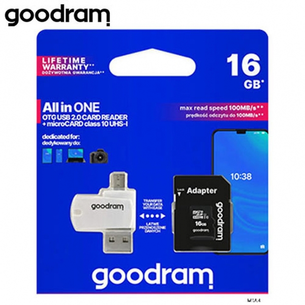 GOODRAM 4-IN-1 MICROSD 16GB+CARD READER+OTG+ADAPTER CL10 M1A4 [M1A4-0160R12]
