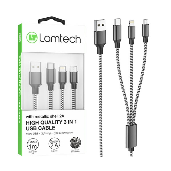 LAMTECH HIGH QUALITY 3 IN 1 USB CABLE WITH METALLIC SHELL BLACK 1M LAM450305