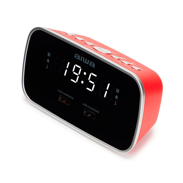 AIWA DUAL ALARM CLOCK RADIO WITH 2 CHARGING USB PORTS RED CRU-19RD
