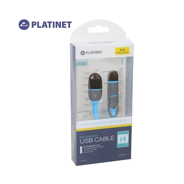 PLATINET USB UNIVERSAL CABLE 2 IN 1 MICRO USB & LIGHTNING PLUGS BLUE RETAIL PACK PL42871