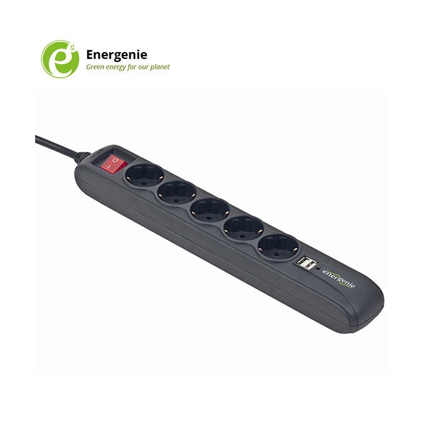ENERGENIE POWER STRIP WITH 2 USB CHARGER 5 SOCKETS 1,5m USB 2A BLACK SPG5U25
